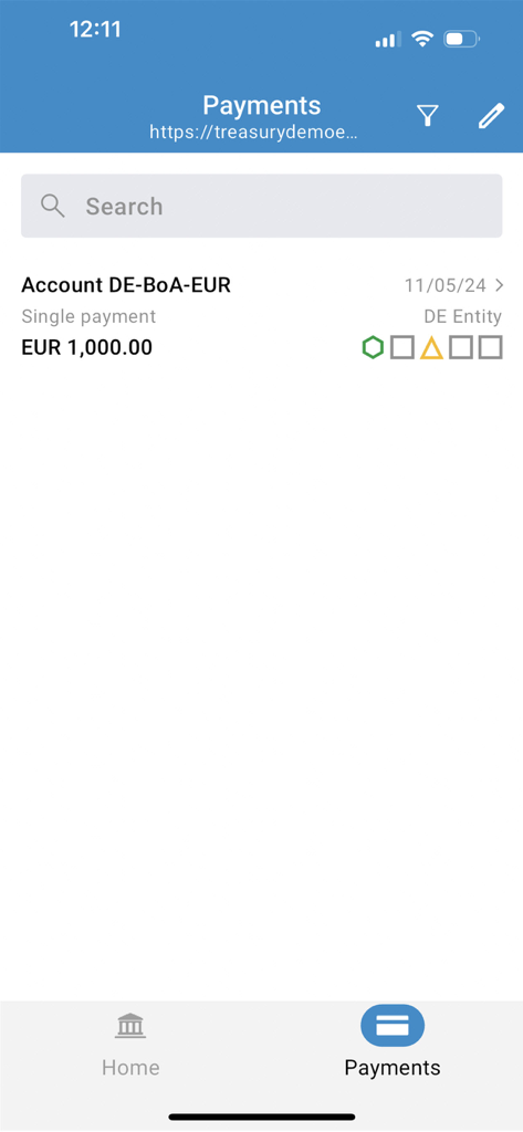 Coupa Treasury - Coupa Treasury app interface showing a list of pending corporate payments for executive approval