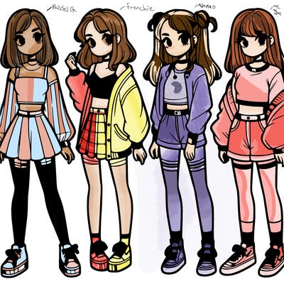 one girl with crop-top shirt and a jacket with a skirt, long socks and another girl with a shirt and pants with a jacket