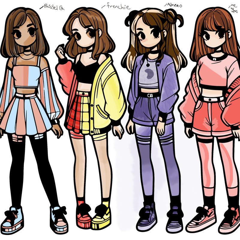 one girl with crop-top shirt and a jacket with a skirt, long socks and another girl with a shirt and pants with a jacket