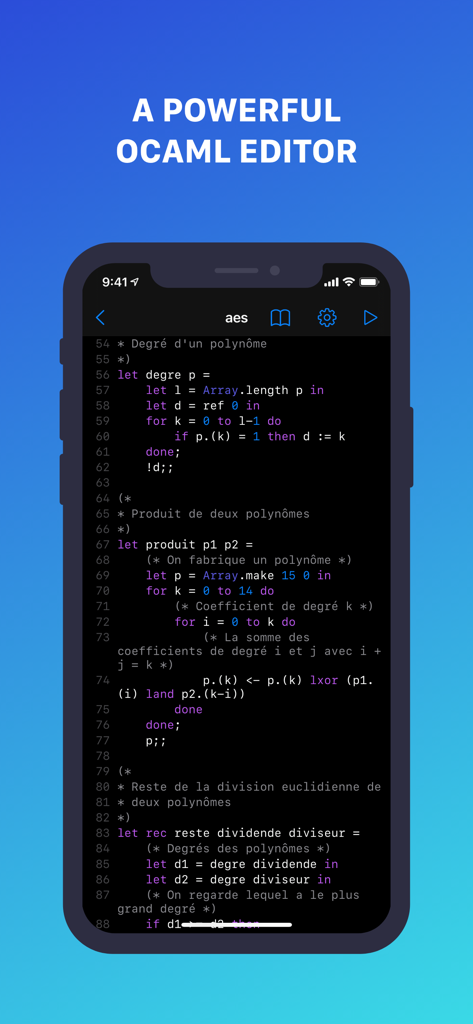 Interface do editor de código OCaml com realce de sintaxe e tema escuro no iPhone