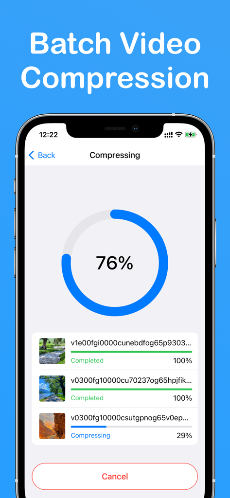 The Video Compressor - L'interface de l'application Le compresseur vidéo montrant la progression de la compression vidéo par lots sur un iPhone.
