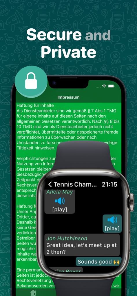 An Apple Watch displaying a chat conversation with voice notes and text over a background emphasizing secure and private messaging