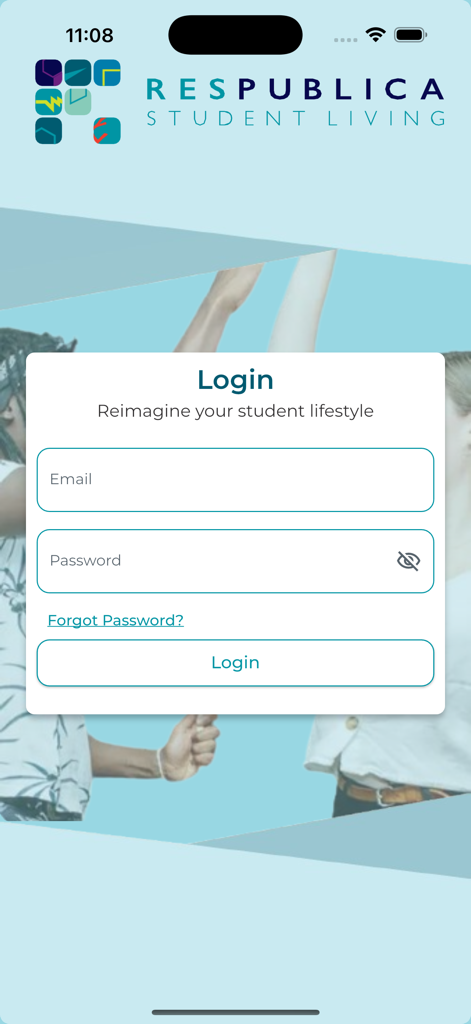Respublica - Login screen for the Respublica student living mobile app.