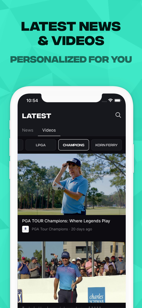 GLF: Golf Live Scores & News - Ein Screenshot einer mobilen App, der die neuesten Golfnachrichten und Videos anzeigt, die für den Benutzer über mehrere Touren wie PGA und LPGA personalisiert sind