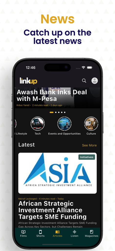 LinkUp Addis app news section displaying headlines about Ethiopian business and technology