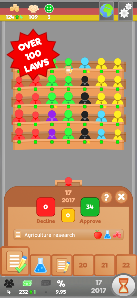 Lawgivers - Parliament voting interface in the Lawgivers mobile game showing representatives and law approval options