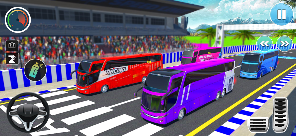 Bus Simulator Racing Games 3D - Multiple colorful buses competing on a stadium race track with mobile game controls