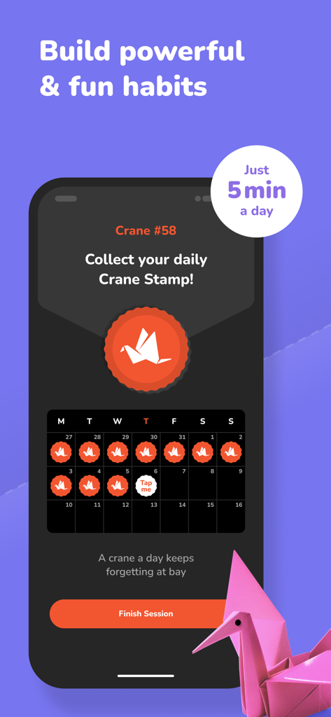 Kinnu app interface showing a daily habit tracker with crane stamps and a calendar view for five-minute learning sessions.