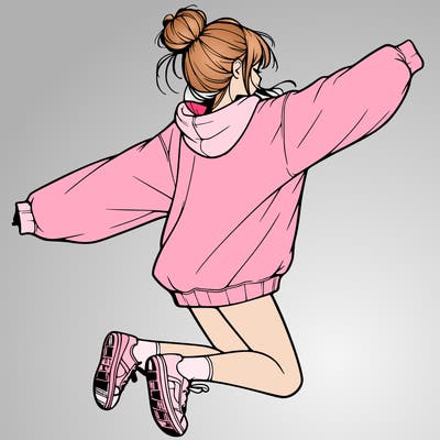 realistic girl jumping with a bun and oversized sweatshirt