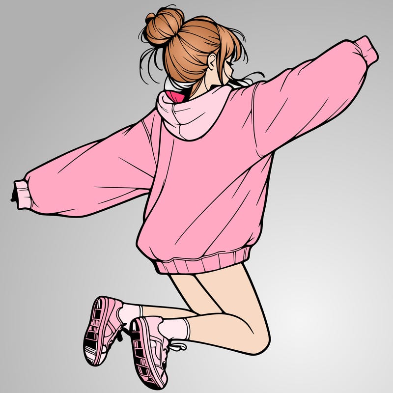 realistic girl jumping with a bun and oversized sweatshirt