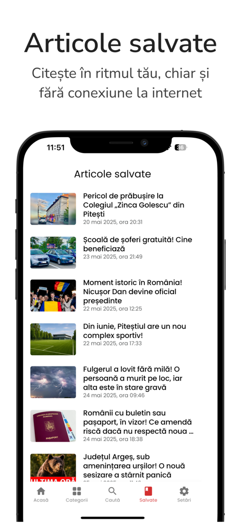 Interface montrant les articles de presse sauvegardés pour une lecture hors ligne dans l'application ePitesti.