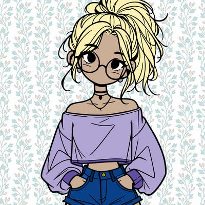 girl with a messy ponytail glasses a baggy crop top and jean shorts
