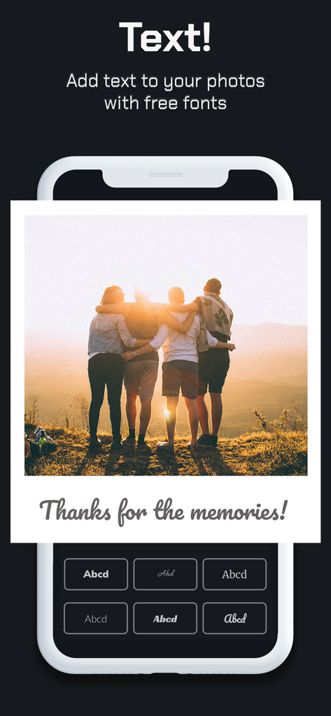 Interface of WhiteGram app showing how to add text to a polaroid photo with multiple font options