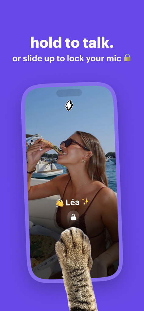 Ten Ten app interface showing the hold to talk and mic lock feature with a cat paw reaching for the screen.