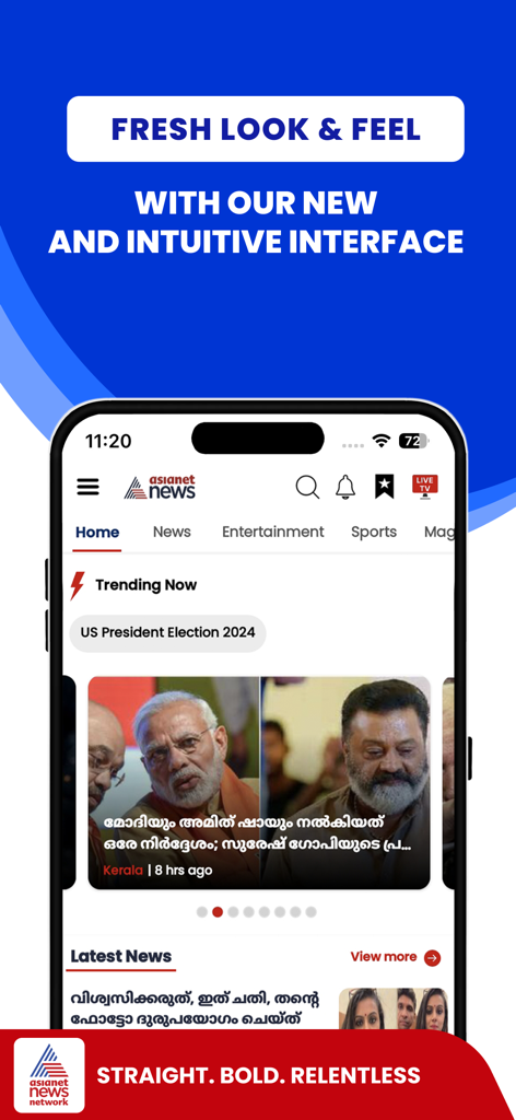 Interfaccia dell'app Asianet News che mostra notizie regionali indiane e argomenti di tendenza su uno smartphone
