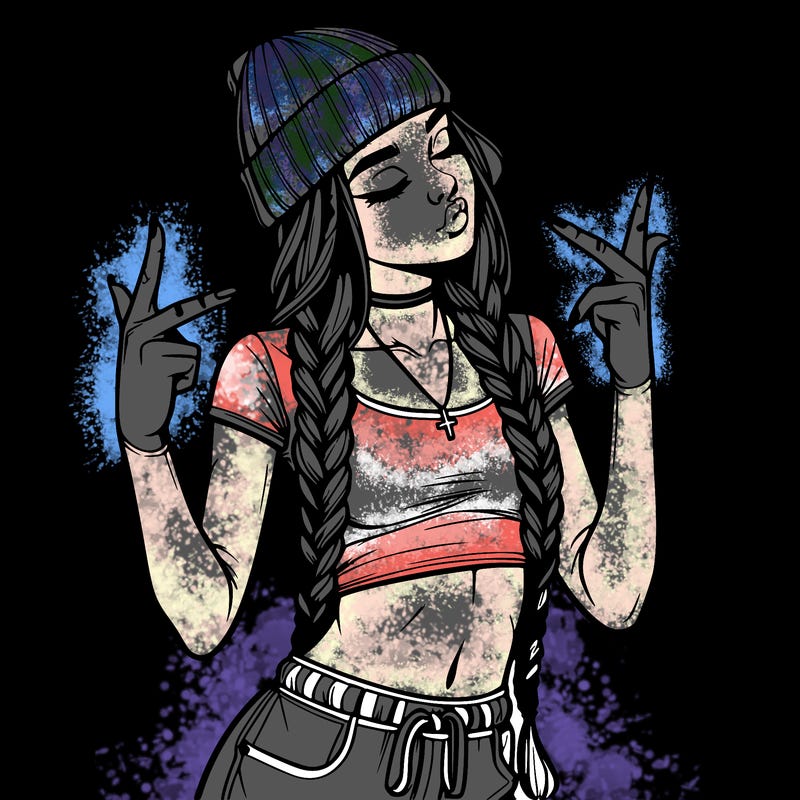 realistic teenage girl with braids and a beanie and crop top doing 🫶🏼