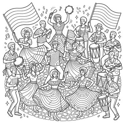 Step into the vibrant world of Samba de Roda, infused with the spirit of Pride Month! This dynamic coloring page captures a joyful celebration of music, dance, and diversity, ready for your creative touch.