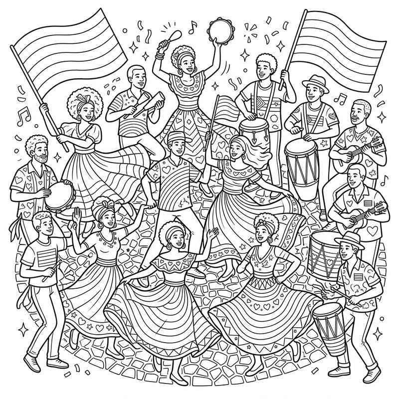 Step into the vibrant world of Samba de Roda, infused with the spirit of Pride Month! This dynamic coloring page captures a joyful celebration of music, dance, and diversity, ready for your creative touch.