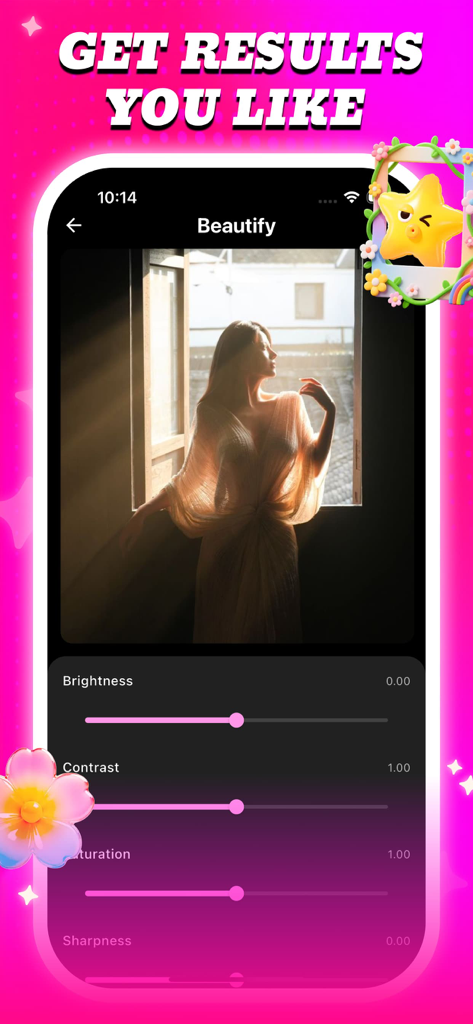 Bevo - - Interfaz de la aplicación Bevo para embellecer fotos con controles deslizantes de brillo y contraste