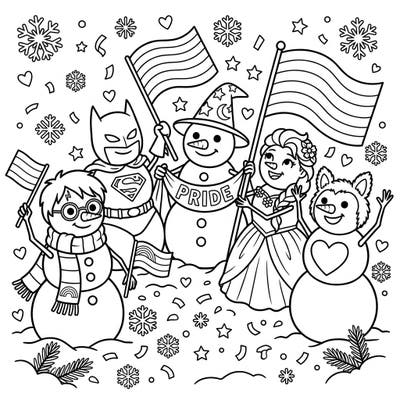 Discover a heartwarming coloring page where beloved character snowmen come together to celebrate Pride Month. Featuring iconic figures holding rainbow flags and banners, this festive scene is perfect for spreading joy and diversity through art.