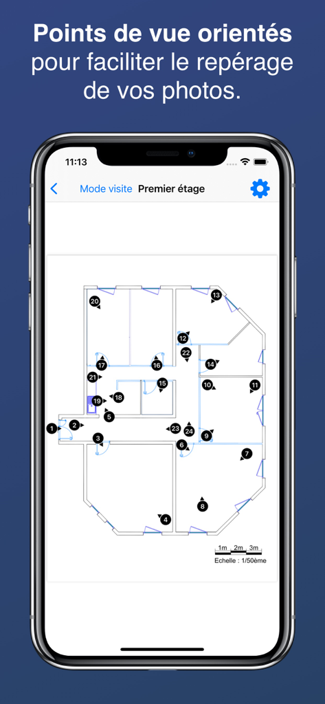 Écran d'application mobile montrant les emplacements et les orientations des photos sur un plan de construction