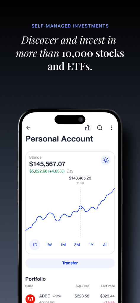Folionet - Smartphone screen showing the Folionet app personal account dashboard with a portfolio balance and stock growth chart