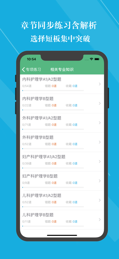 初级护师题库2026新版 - A mobile app interface displaying nursing exam practice categories including internal medicine and surgical nursing