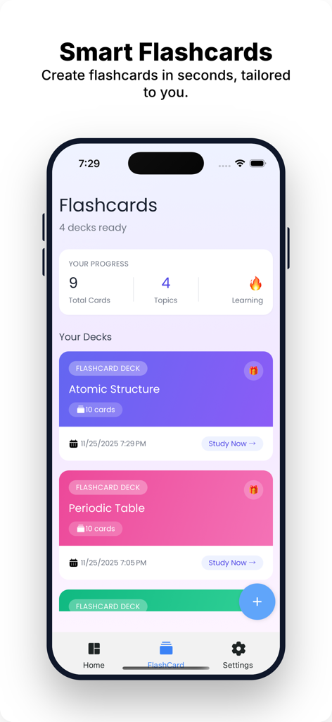 Chemistry Solver : Study AI - 원자 구조 및 주기율표 학습 덱이 있는 스마트 플래시 카드 기능을 보여주는 화학 솔버 앱 인터페이스.