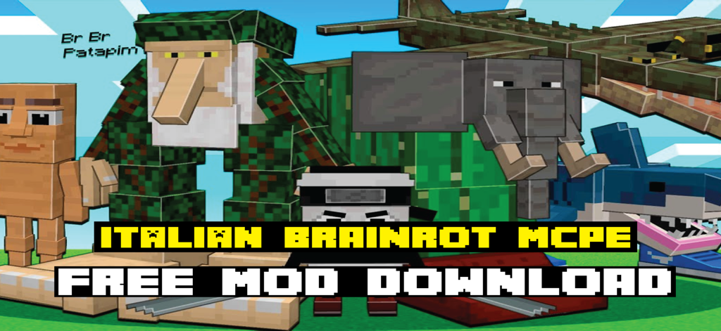 Uma coleção de personagens e criaturas de memes absurdos do Minecraft do mod Italian Brainrot