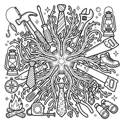 Discover a truly unique Father's Day coloring experience with this intricate design. It features a fascinating basket star intertwined with all of Dad's favorite tools and outdoor adventure essentials, perfect for a thoughtful and creative gift.