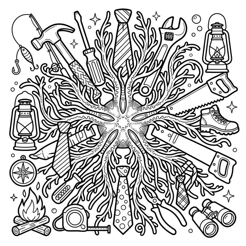 Discover a truly unique Father's Day coloring experience with this intricate design. It features a fascinating basket star intertwined with all of Dad's favorite tools and outdoor adventure essentials, perfect for a thoughtful and creative gift.