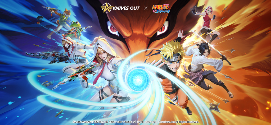 Promotional banner for Knives Out and Naruto Shippuden collaboration featuring Naruto Sasuke and game characters