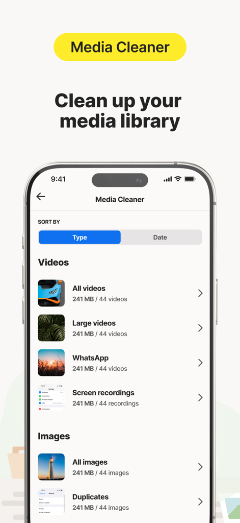 Norton Cleaner: Phone Cleanup - Norton Cleaner app interface showing media cleanup options for videos and images on an iPhone