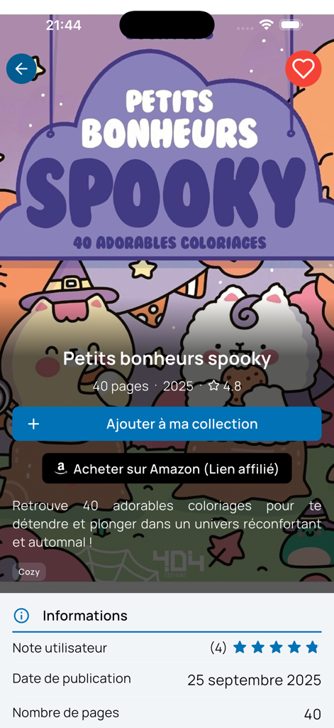 BuddyColo app screen showing details for the Petits bonheurs spooky coloring book with an option to add to collection or buy on Amazon.
