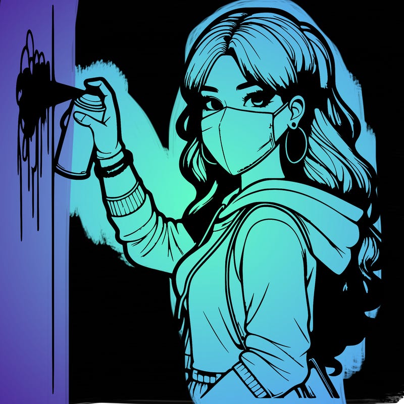 realistic girl with mask spray painting a wall