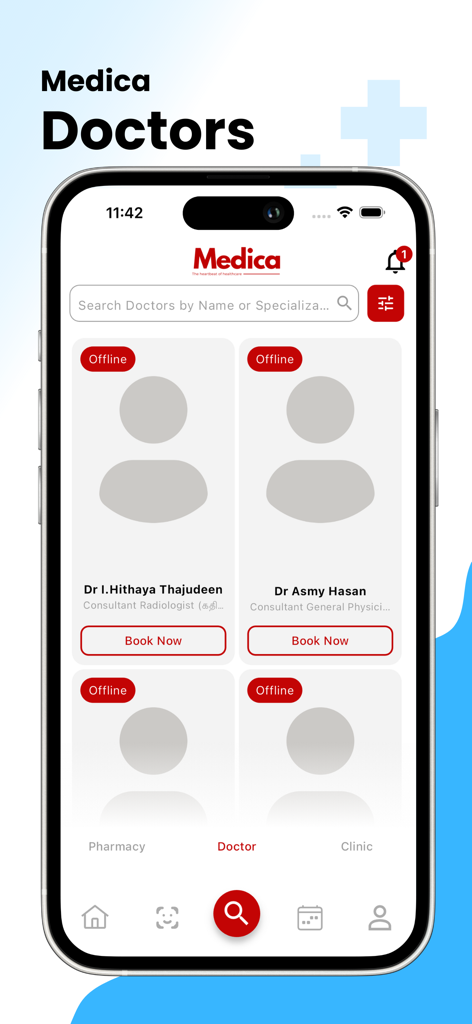 Medica Health Wallet app interface showing doctor search results and book now buttons