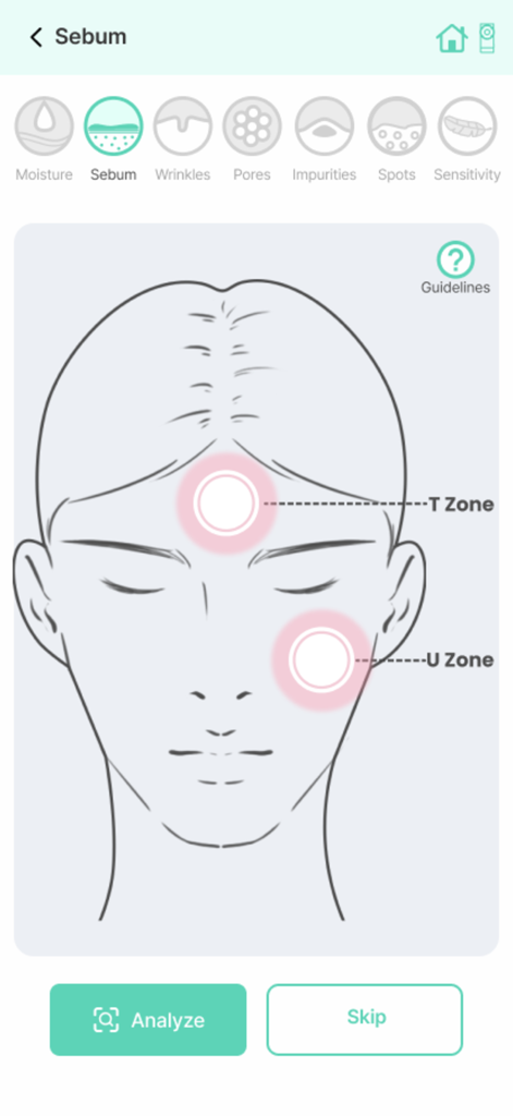 DermoPico Skin - DermoPico Skin app sebum analysis interface showing T zone and U zone facial mapping