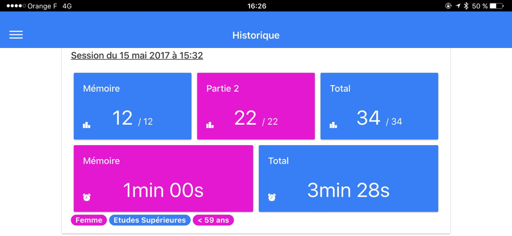 MemScreen app history dashboard showing cognitive test scores and completion times