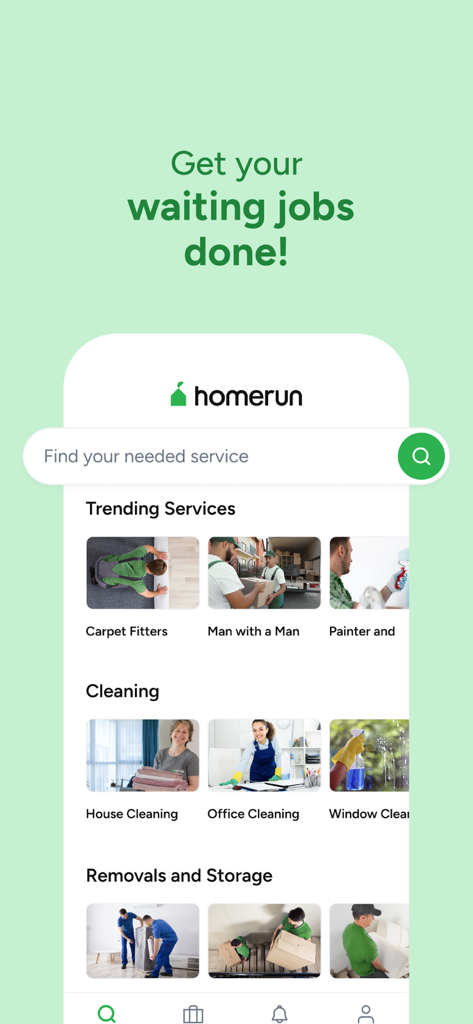 HomeRun - Get Things Done - HomeRun app screen displaying local service categories like cleaning and removals