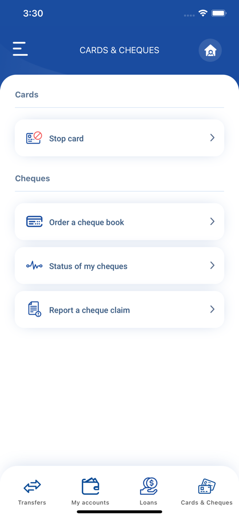 BRED Solomon Connect mobile app interface showing management options for banking cards and cheque books.