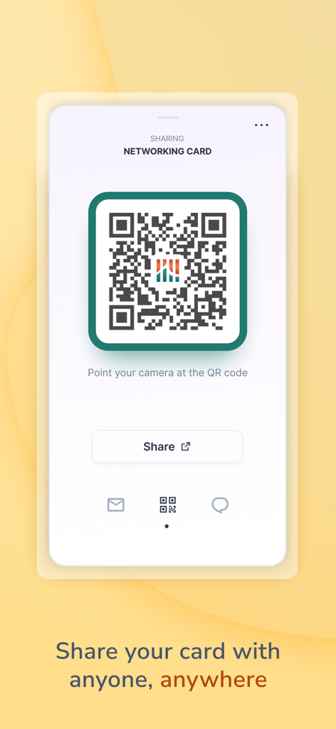 Écran de l'application HiHello affichant un code QR de carte de réseau pour un partage instantané de carte de visite numérique.