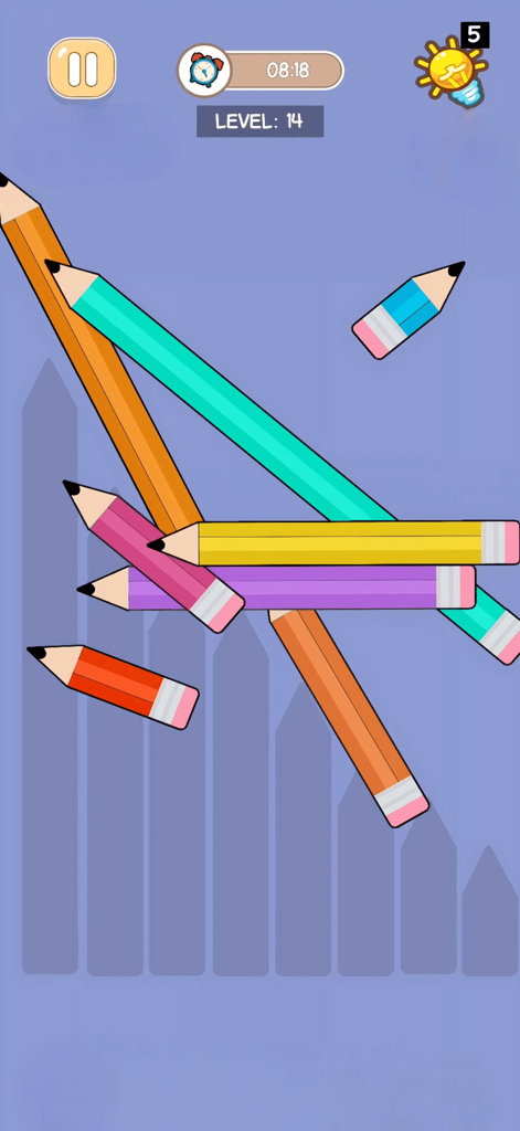 Perfect Satisfying: ASMR Tidy - Un nivel de puzzle en Perfect Satisfying ASMR Tidy donde el jugador organiza lápices de colores en siluetas coincidentes.