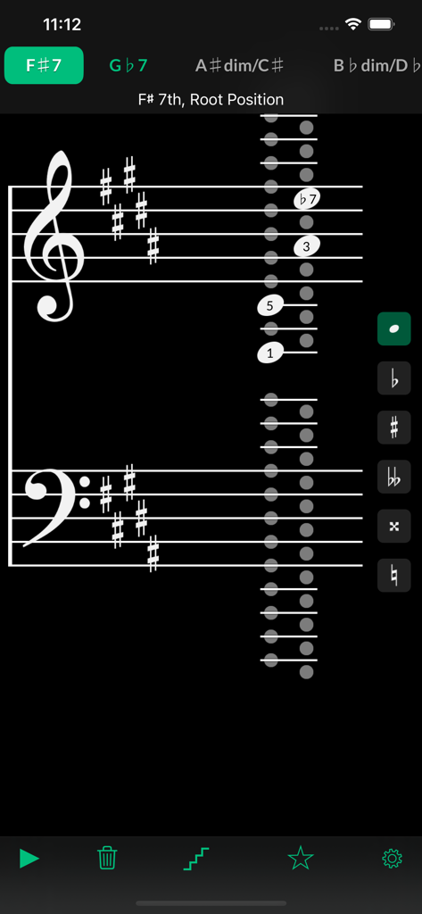 Reverse Chord Finder Pro - Music score interface in Reverse Chord Finder Pro identifying an F sharp 7 chord on a treble and bass staff.