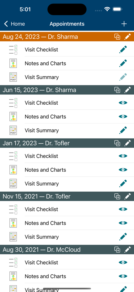 A list of past and upcoming doctor appointments with visit summaries in the Psoriasis Manager app.