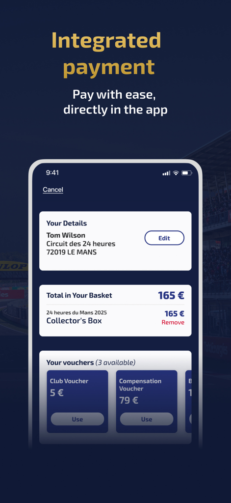 Tela de pagamento integrada no aplicativo Membres ACO mostrando um checkout para uma caixa colecionável de Le Mans e vouchers para membros.