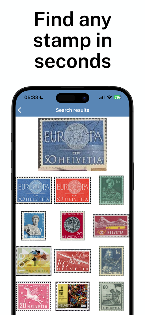 Search results screen in the Stamp Identifier app displaying various identified stamps
