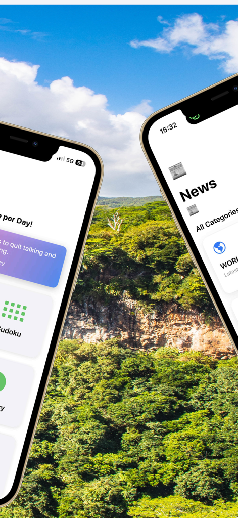 Radio Moris - Mauritius live - Radio Moris app interface showing news and Sudoku features over a tropical Mauritian landscape background
