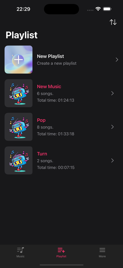Mobile app interface showing a list of music playlists including Pop and New Music with options to create new collections.