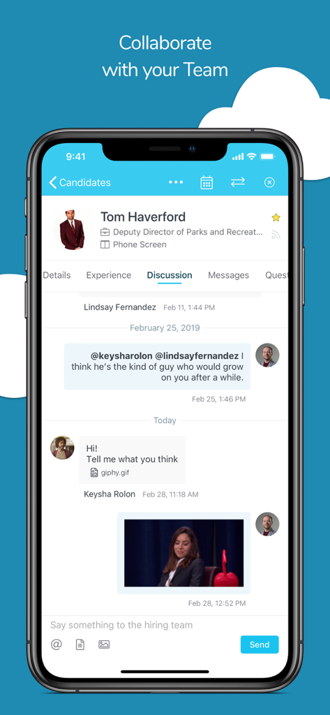 Breezy HR mobile app interface showing a team discussion thread for a job candidate profile