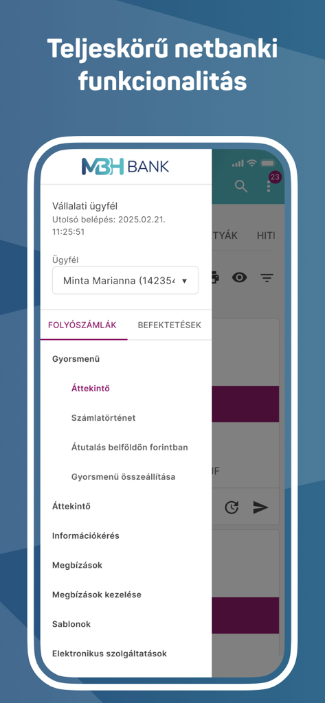 Side navigation menu of the MBH Vallalati banking app showing corporate account and investment options.